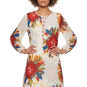 Figueroa & Flower Womens Floral Tunic Top Red Blue Sunflower High Low Blouse L